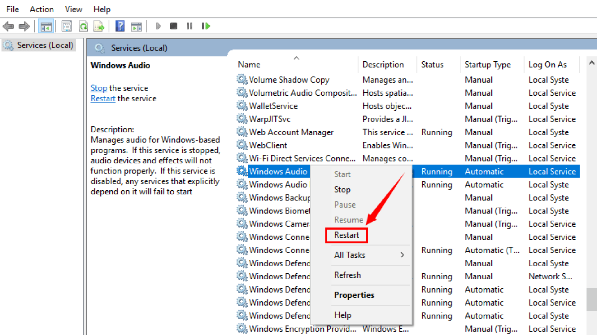 Restart windows service. Restart Windows. Restart service. Actions→restart Audio service.