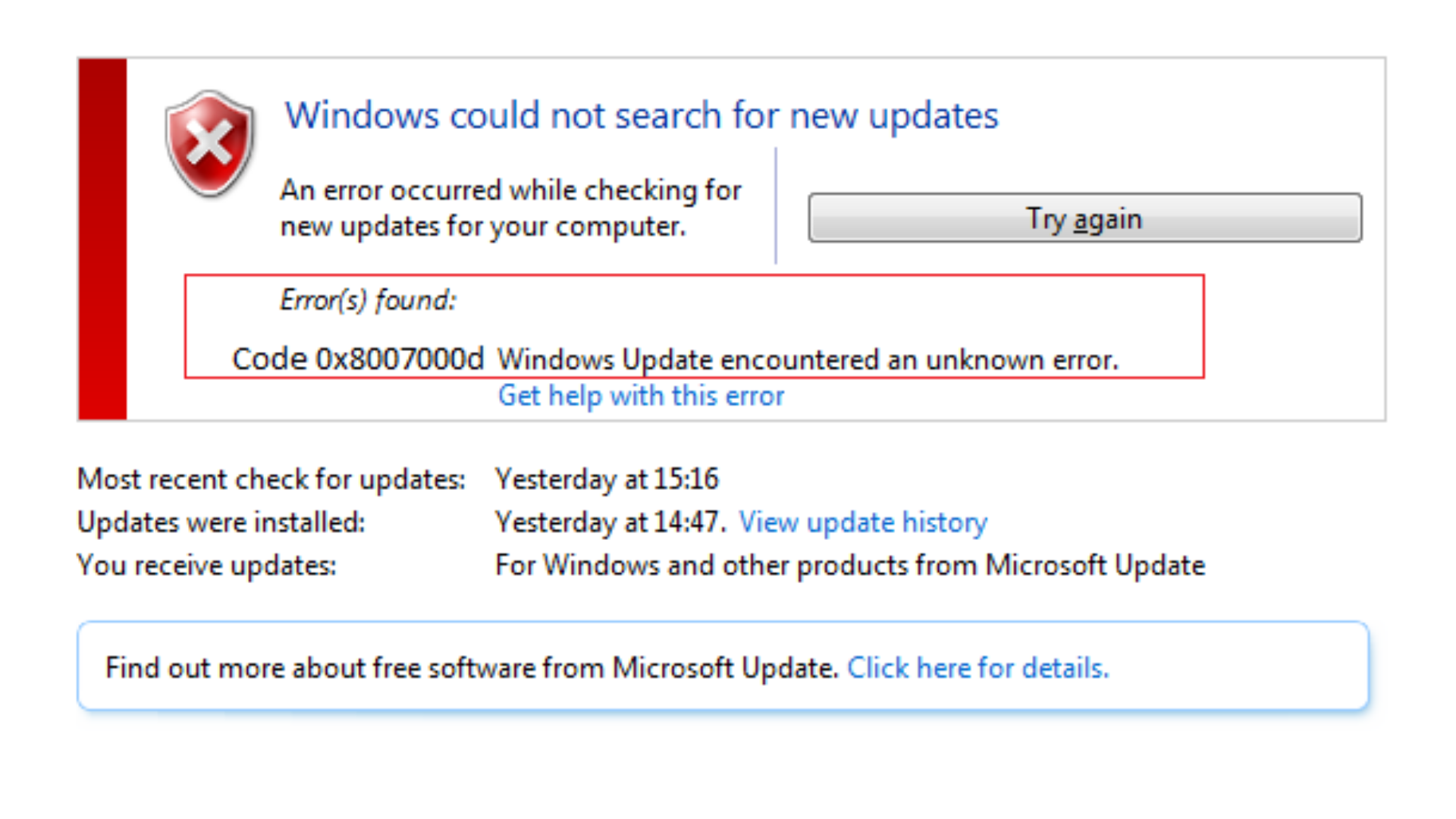 0x8007000d. "Update Error". Ошибка Microsoft Windows. 0x800f0922.