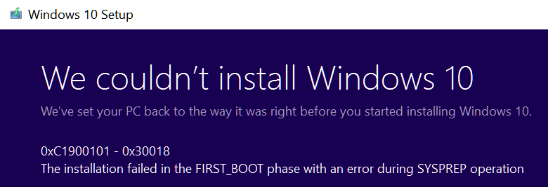 Ошибка при установке windows 10 0xc1900101 0x30018