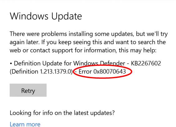 Error 0x80070643 occur in Windows 10